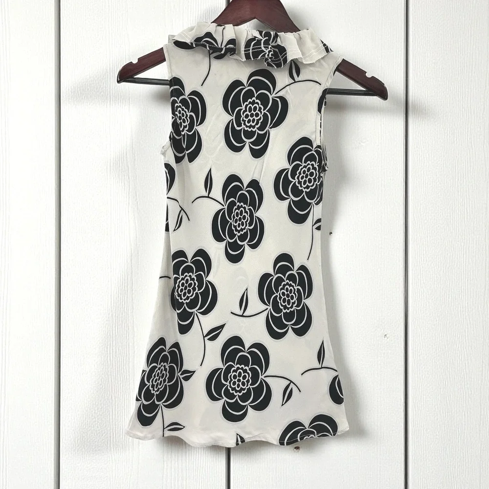 Tory Burch Silk Floral Ruffle Neck‎ Sleeveless Top Womens Size 4 Black White